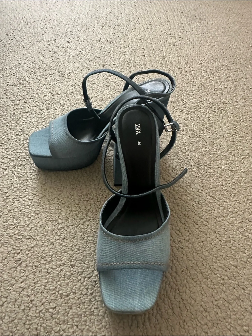 Zara Denim Platform Block Heel Sandal in Light Blue
